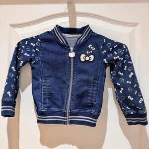 Vtg Kids Girls Hello Kitty 5T Denim Bomber Jacket Blue Sequin Bow Zipper Charm
